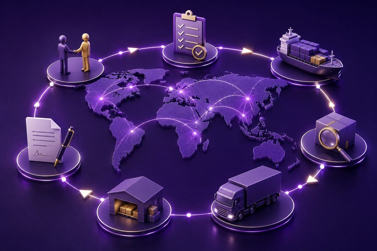 Global supply chain network — sourcing, inspection, logistics and delivery